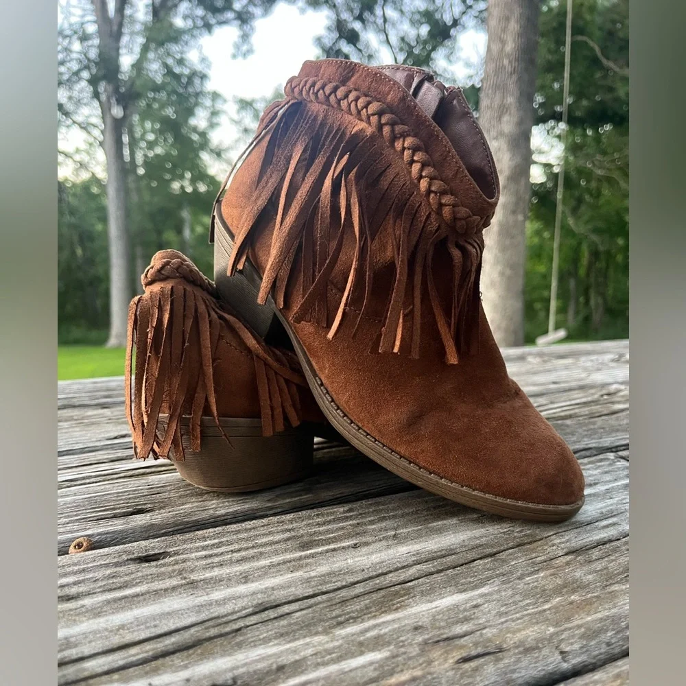 Girls’ Brown Suede Fringe Ankle Boots Tan Cowgirl Size5